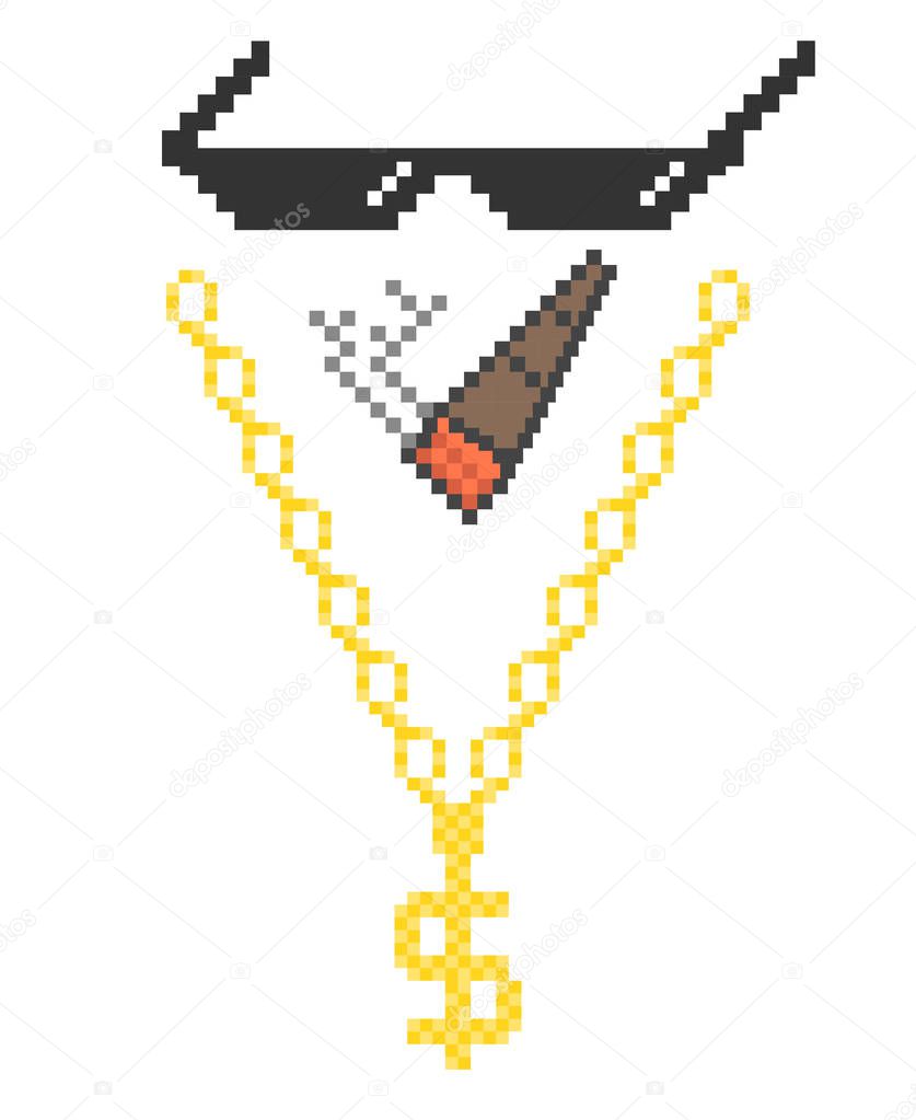 Funny pixelated boss sunglasses. Gangster, thug glasses, gold chain and cigar. Vector illustration.