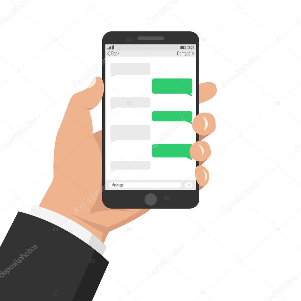 Hand holding smartphone with application with chat boxes. Vector illustration. 