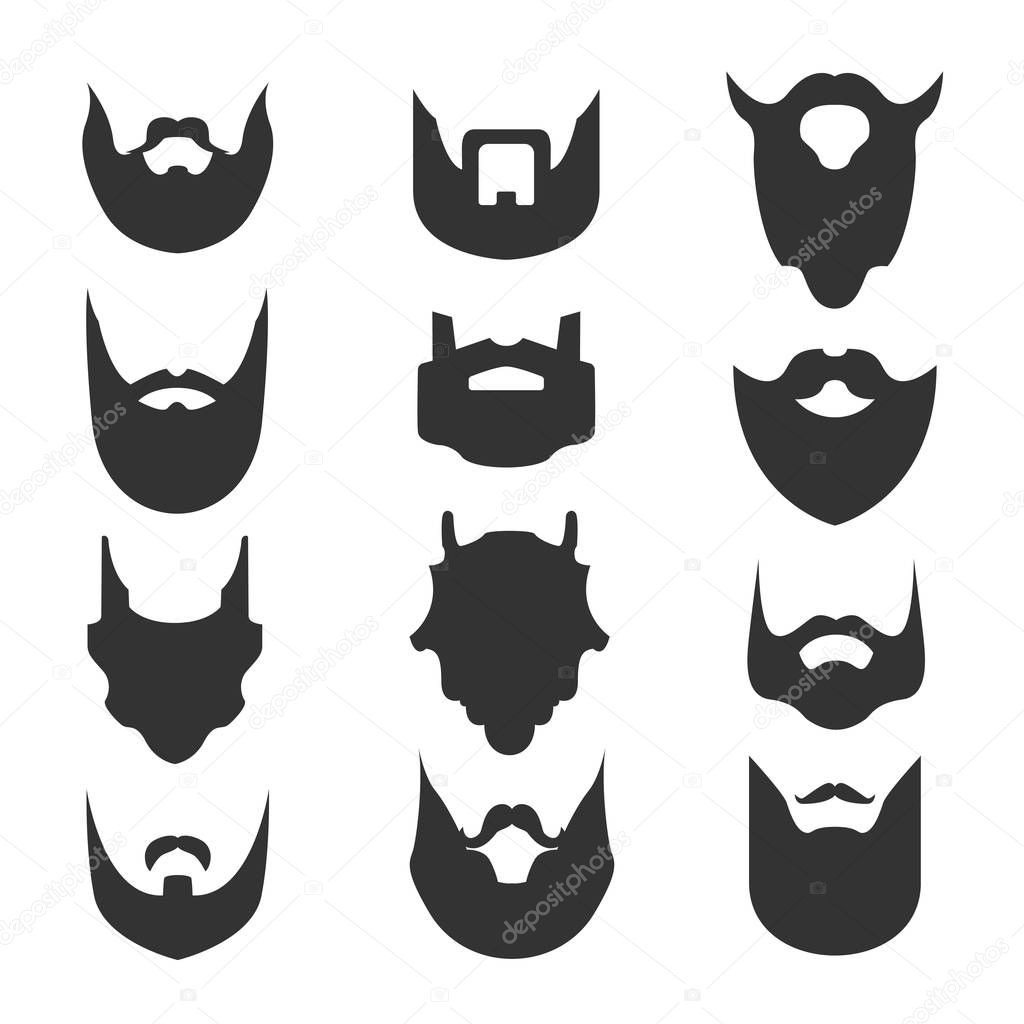 Set of beards. Silhouettes, emblems, icons, labels. Vector illustration.