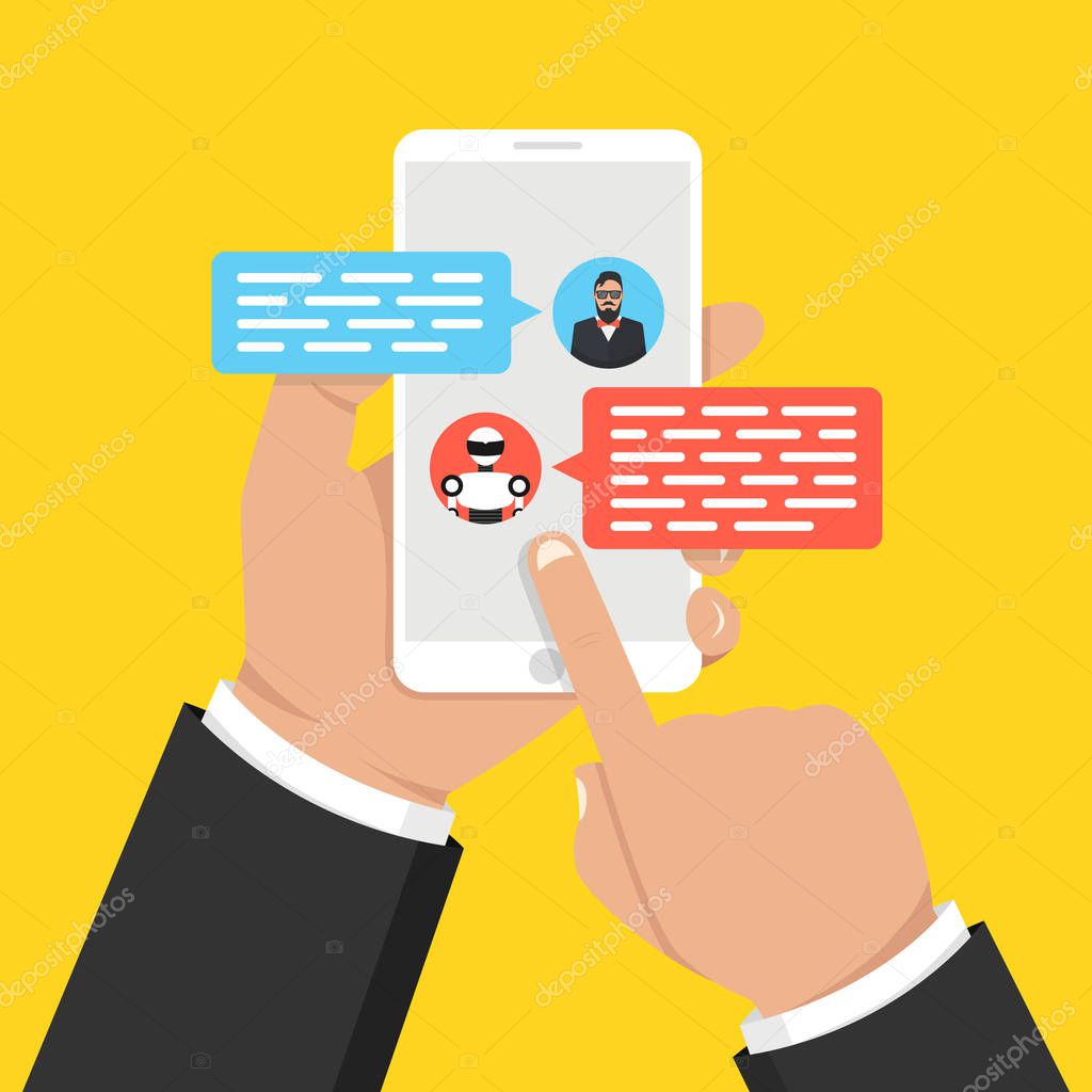 Chatbot concept. User chatting with chat bot on smartphone. User talk with bot in messenger. Vector illustration.
