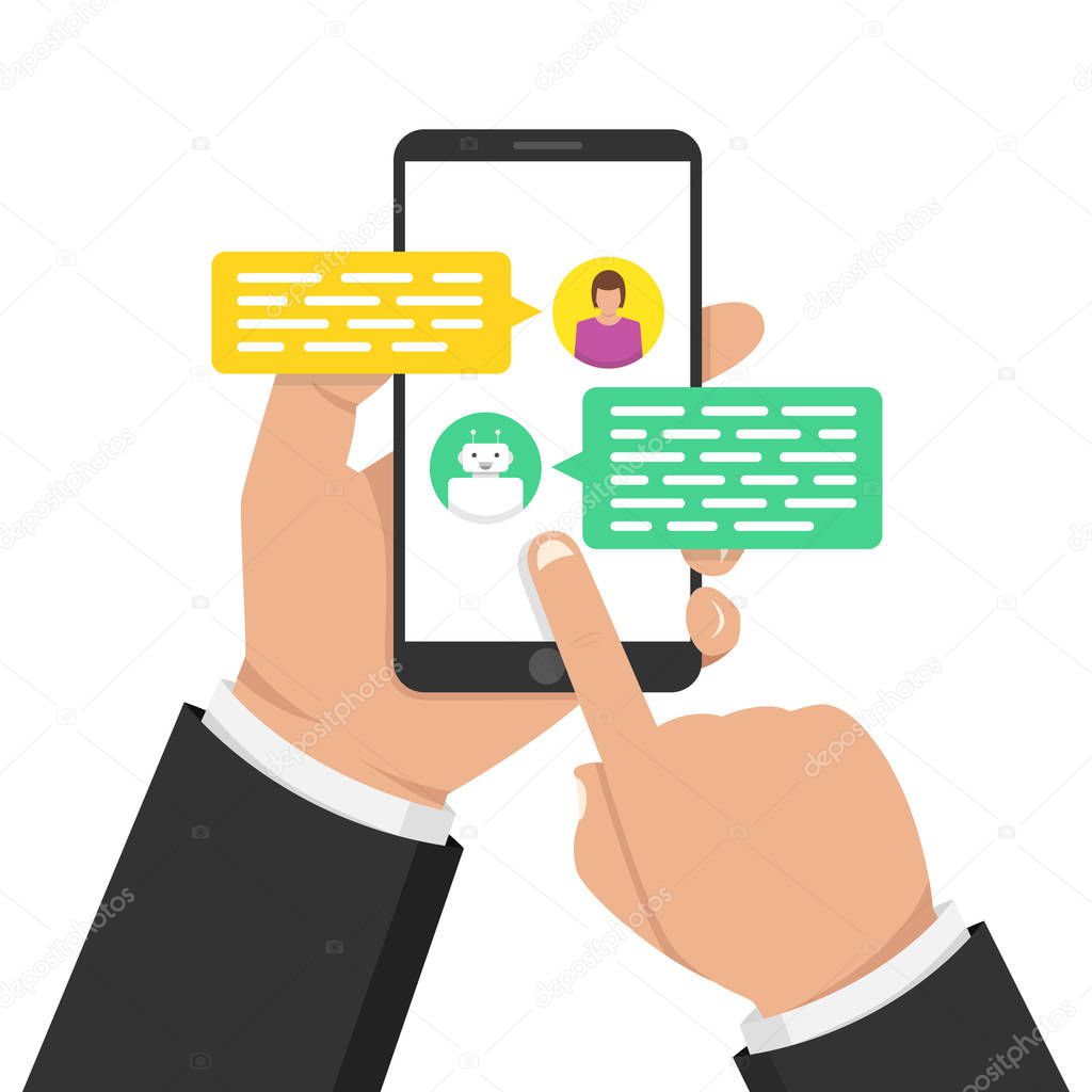 Chatbot concept. User chatting with chat bot on smartphone. User talk with bot in messenger. Vector illustration.
