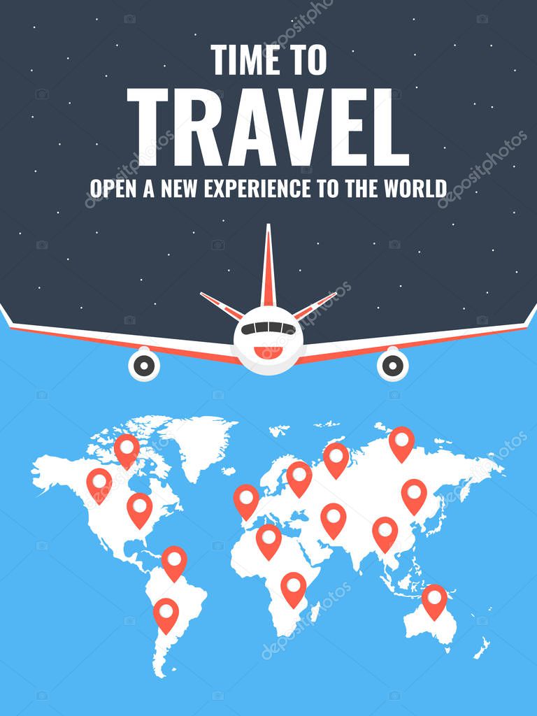 Airplane flying. Around the world travelling banner. Vector illustration. 