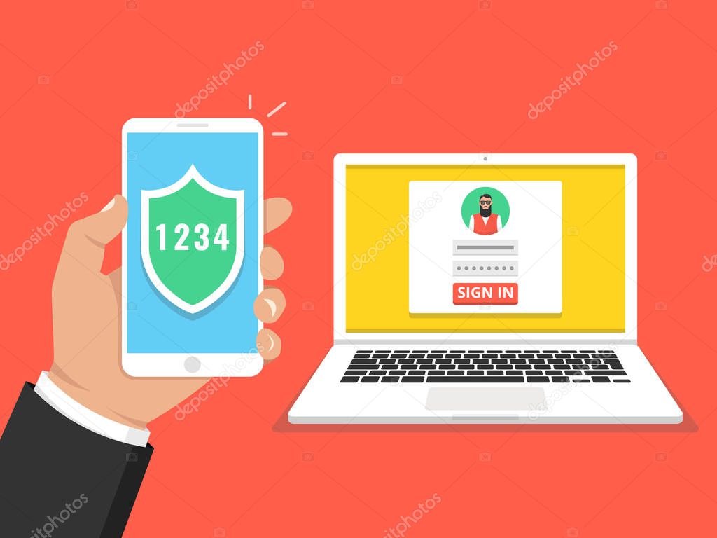 Two steps authentication concept. Verification by smartphone. Vector illustration.