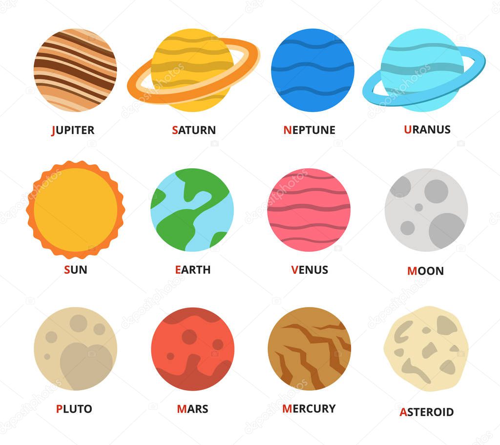 Planet icon set. Planets with names - mercury, venus, earth, mars, jupiter, saturn, uranus, neptune, pluto. Vector astronomic abstract objects - sun, moon, asteroid. Flat design illustration. 