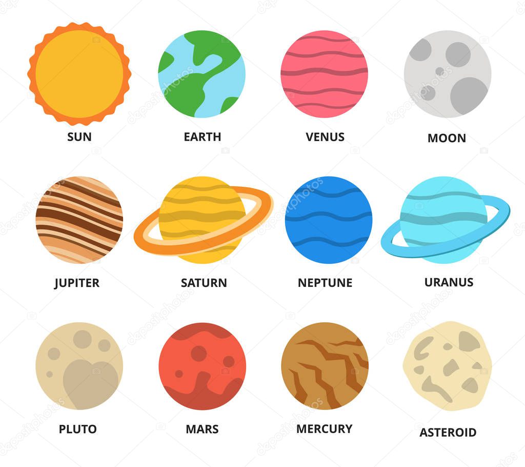 Planet icon set. Planets with names - mercury, venus, earth, mars, jupiter, saturn, uranus, neptune, pluto. Vector astronomic abstract objects - sun, moon, asteroid. Flat design illustration. 