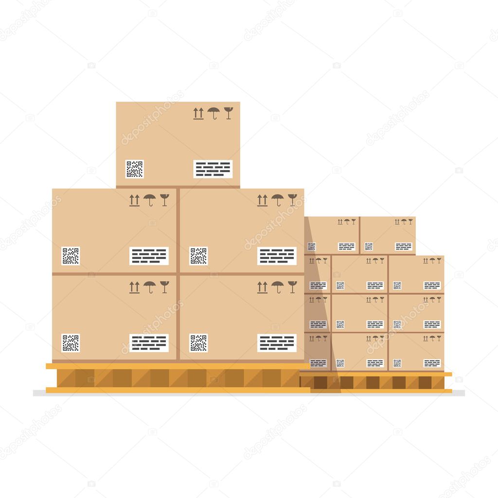 Cardboard boxes with fragile signs and barcode on wooded pallet. Vector illustration. 