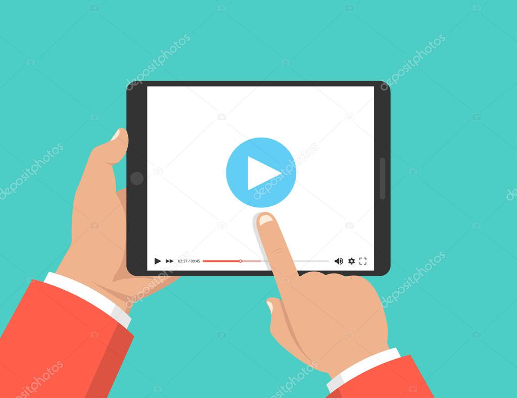 Hands holding tablet and touching screen. Video player on screen. Vector illustration.
