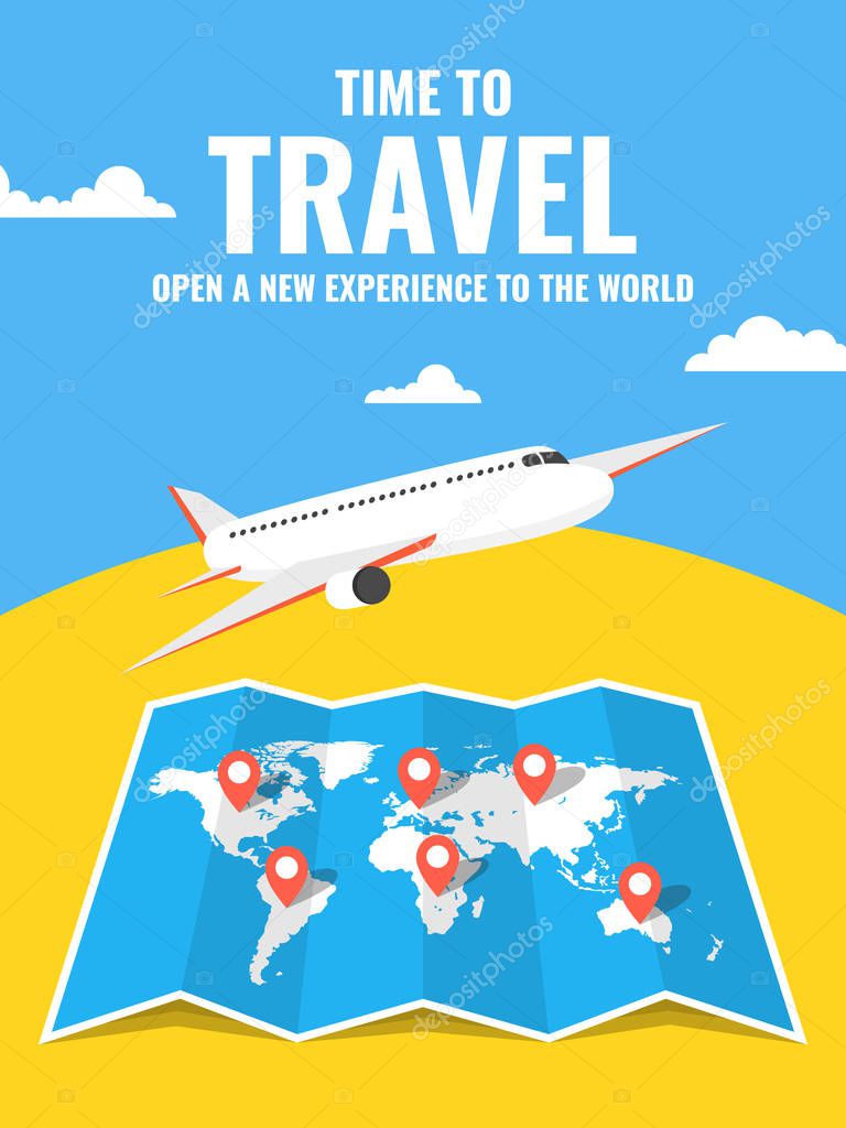 Airplane flying. Around the world travelling banner. Vector illustration. 