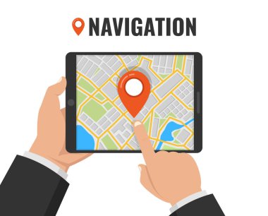 Bir tablet telefon gps navigasyon ile tutan adam. Kavramı doğru yer bulmak için. Düz vektör çizim. 
