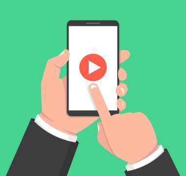 Tablet tutarak ve ekran dokunmadan eller. Ekranda video oynatıcı. Vektör çizim.
