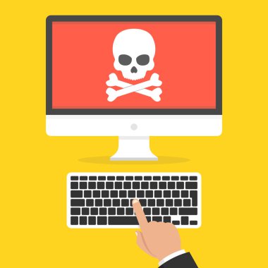 Virüs üstünde belgili tanımlık perde ile dizüstü bilgisayar. Virüs, korsan, Hack ve güvenlik kavramı. Vektör çizim. 