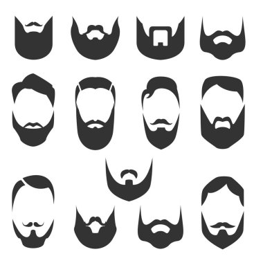 Sakallı erkekler yüzler, hipsters farklı saç kesimi, bıyık, sakal ile kümesi. Siluetleri, amblemler, simgeler, etiketleri. Vektör çizim.
