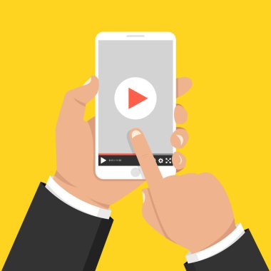 Tablet tutarak ve ekran dokunmadan eller. Ekranda video oynatıcı. Vektör çizim.