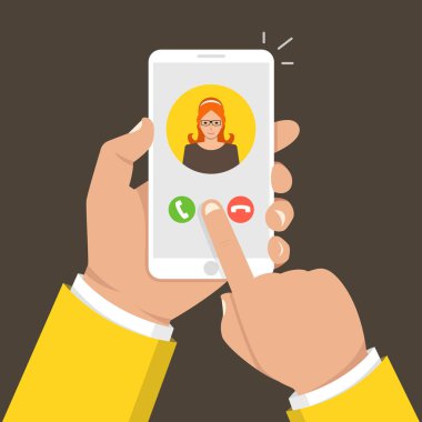 Smartphone ekran gelen arama. Bir yandan dokunmatik ekran smartphone ve parmak tutar. Kadın avatar. Vektör çizim. 