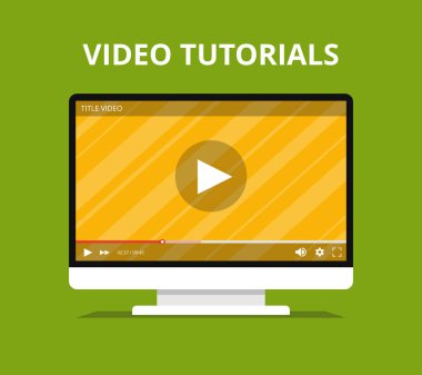 Video eğitimlerini, çalışma ve kavram öğrenme. Online oyuncu üstünde belgili tanımlık perde ile izleyin. Düz vektör çizim.