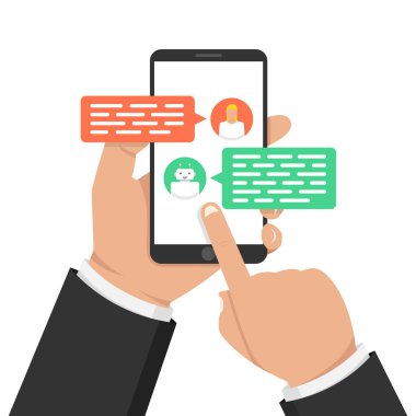 Sohbet etmek kavramı. Kullanıcı sohbet bot smartphone cep telefonu ile sohbet. Kullanıcı konuşmak ile bot içinde haberci. Vektör çizim.