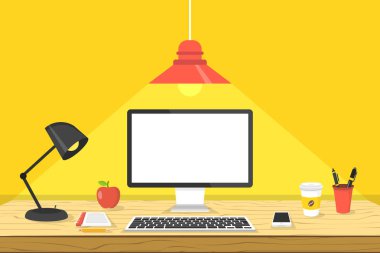 Modern çalışma alanı. Dizüstü bilgisayarda ahşap tablo. Çalışma yeri kavramı. Vektör çizim.