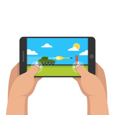 Akıllı telefon tutarak ve tank oyunu oynayan adam. Mobil oyun kavramı. Düz çizgi film tarzı. Mavi arka plan üzerinde vektör çizim