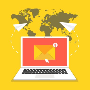 Laptop ekran üzerinde zarf ve okuma e-posta ile. E-posta pazarlama, internet reklam kavramları. Vektör çizim. 