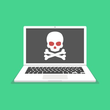 Kafatası üstünde belgili tanımlık perde ile dizüstü bilgisayar. Virüs, korsan, Hack ve güvenlik kavramı. Vektör çizim. 