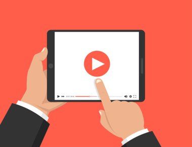 Tablet tutarak ve ekran dokunmadan eller. Ekranda video oynatıcı. Vektör çizim.