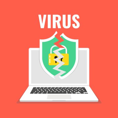 Laptop ekran kırık bir kalkan ile. Virüs, korsan, Hack ve güvenlik kavramı. Vektör çizim. 