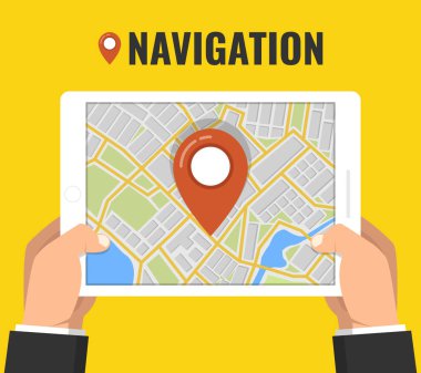 Bir tablet telefon gps navigasyon ile tutan adam. Kavramı doğru yer bulmak için. Düz vektör çizim. 