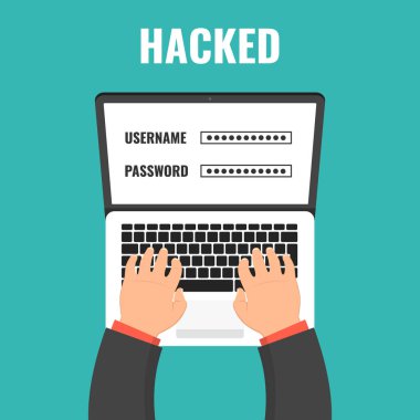 Veri hırsızlığı. Hacker bilgisayar keser. Cyber saldırgan kesmek için çalışırken. Düz çizgi film tarzı. Vektör çizim. 