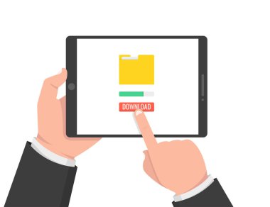 Dosya, bilgi kavramı indiriyor. Tablet tutarak ve ekran dokunaklı el. Vektör çizim.