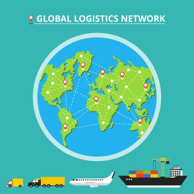 Global lojistik ağı. İcons set: kamyon, van, uçak, kargo gemisi. Nakliye dünya üzerinde. Düz vektör çizim. 