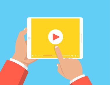 Tablet tutarak ve ekran dokunmadan eller. Ekranda video oynatıcı. Vektör çizim.