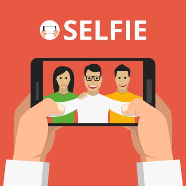 Üstünde belgili tanımlık perde smartphone selfie fotoğraf ile holding adam eller. Vektör düz çizim.