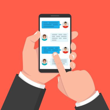 Smartphone Uygulama sohbet kutuları ile tutan el. Vektör çizim. 