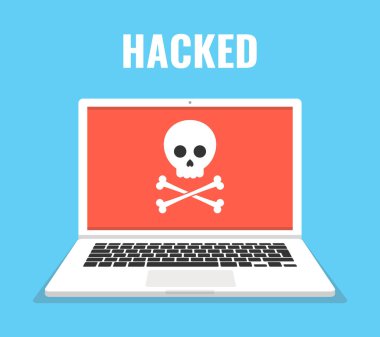 Kafatası üstünde belgili tanımlık perde ile dizüstü bilgisayar. Virüs, korsan, Hack ve güvenlik kavramı. Vektör çizim. 