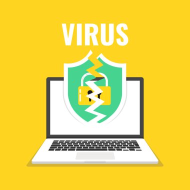 Laptop ekran kırık bir kalkan ile. Virüs, korsan, Hack ve güvenlik kavramı. Vektör çizim. 