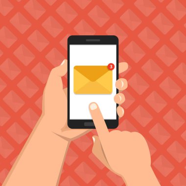 Gelen ileti kavramı. El kırmızı arka plan, tebliğ üstünde perde smartphone zarf simgesi ile tutun. E-posta pazarlama. Düz çizgi film tarzı. Vektör çizim. 