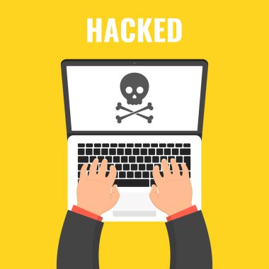 Veri hırsızlığı. Hacker bilgisayar keser. Cyber saldırgan kesmek için çalışırken. Vektör çizim.