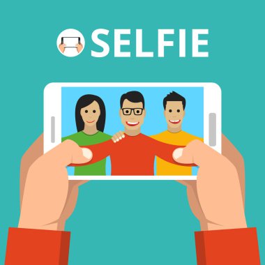 Üstünde belgili tanımlık perde smartphone selfie fotoğraf ile holding adam eller. Vektör düz çizim.