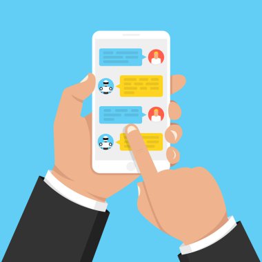 Sohbet etmek kavramı. Kullanıcı sohbet bot smartphone cep telefonu ile sohbet. Kullanıcı konuşmak ile bot içinde haberci. Vektör çizim.