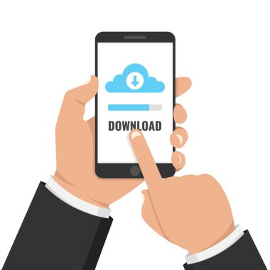 Dosya, bilgi kavramı indiriyor. Akıllı telefon tutarak ve ekran dokunaklı el. Vektör çizim.