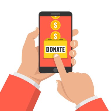 Online kavramı bağış yapın. Holding smartphone ile altın el ve bağış kutusu ekranda. Vektör çizim. 