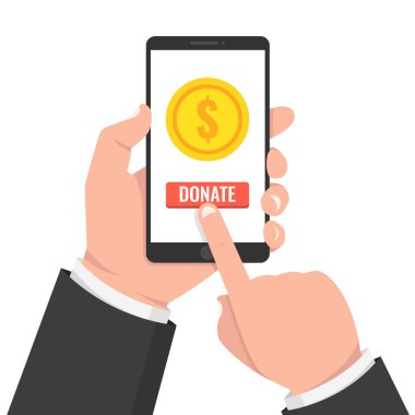 Online kavramı bağış yapın. Altın sikke ve düğme sahip ekran üzerinde tutan el. Vektör çizim. 