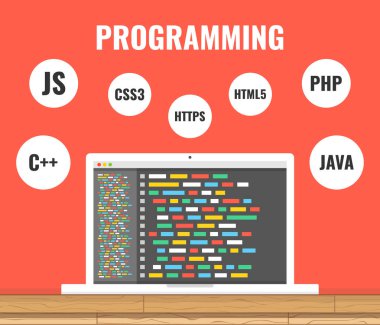 Programlama, web geliştirme kavramı. Ekran bilgisayarda kod. İş yerinde. Vektör çizim. Kırmızı bir arka plan