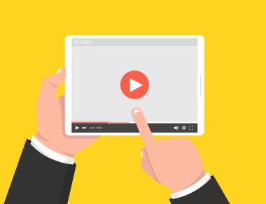 Tablet tutarak ve ekran dokunmadan eller. Ekranda video oynatıcı. Vektör çizim.