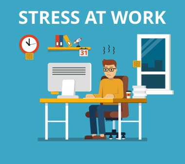 İş kavramı stres. Yorgun ve çok çalışan işadamı ya da ofis işçi masasında oturan. Düz vektör çizim. 