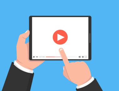 Tablet tutarak ve ekran dokunmadan eller. Ekranda video oynatıcı. Vektör çizim.