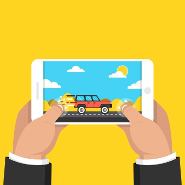 Akıllı telefon tutarak ve yarış oyunu oynayan adam. Mobil oyun kavramı. Düz çizgi film tarzı. Vektör çizim Sarı zemin üzerine