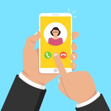 Smartphone ekran gelen arama. Bir yandan dokunmatik ekran smartphone ve parmak tutar. Kadın avatar. Vektör çizim. 