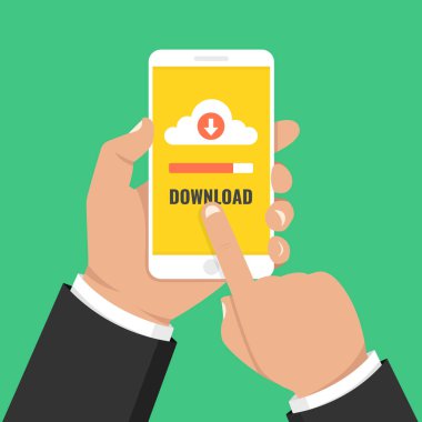Dosya, bilgi kavramı indiriyor. Akıllı telefon tutarak ve ekran dokunaklı el. Vektör çizim.