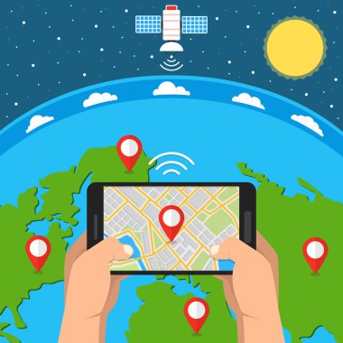 İşaretçi ekran smartphone cep telefonu gps navigasyon harita. Online kavramı. Arka plan dünyada. Düz vektör çizim. 